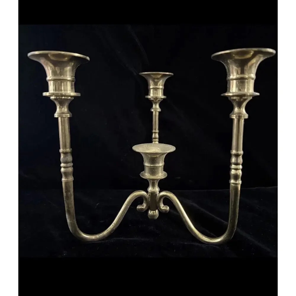 Vintage MCM Solid Quality Brass 4 Candle Candelabra Centerpiece 7.5”